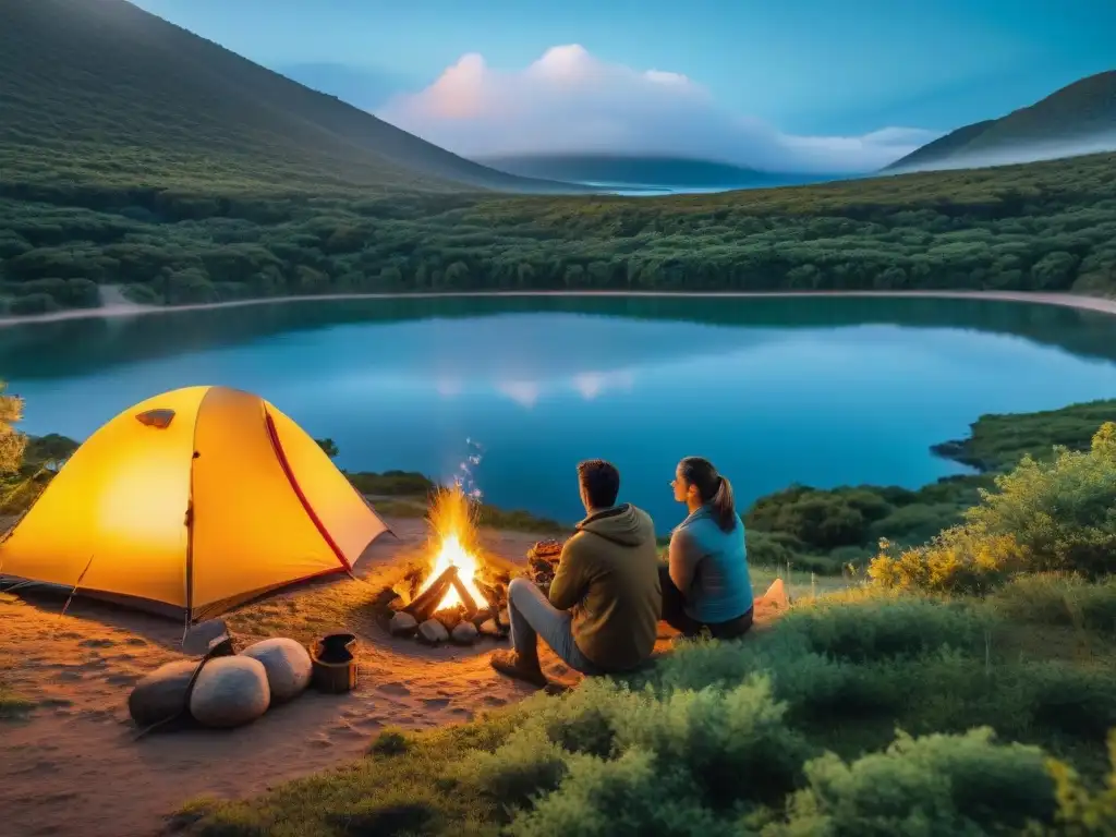 Campamento en Uruguay: Atardecer sereno junto al lago Campamento junto al lago en Uruguay al atardecer, sin contaminación acústica