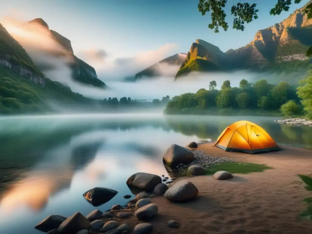 Campamento junto al río al amanecer: armonía con la naturaleza Campamento junto al río al amanecer, con tienda colorida bajo árboles altos