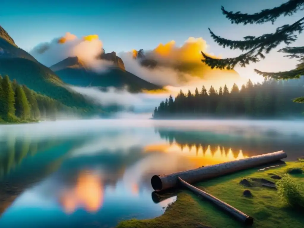 Campamento en el bosque al amanecer: aventura y tranquilidad Campamento en el bosque: lago sereno, tiendas entre árboles, fogata y montañas neblinosas