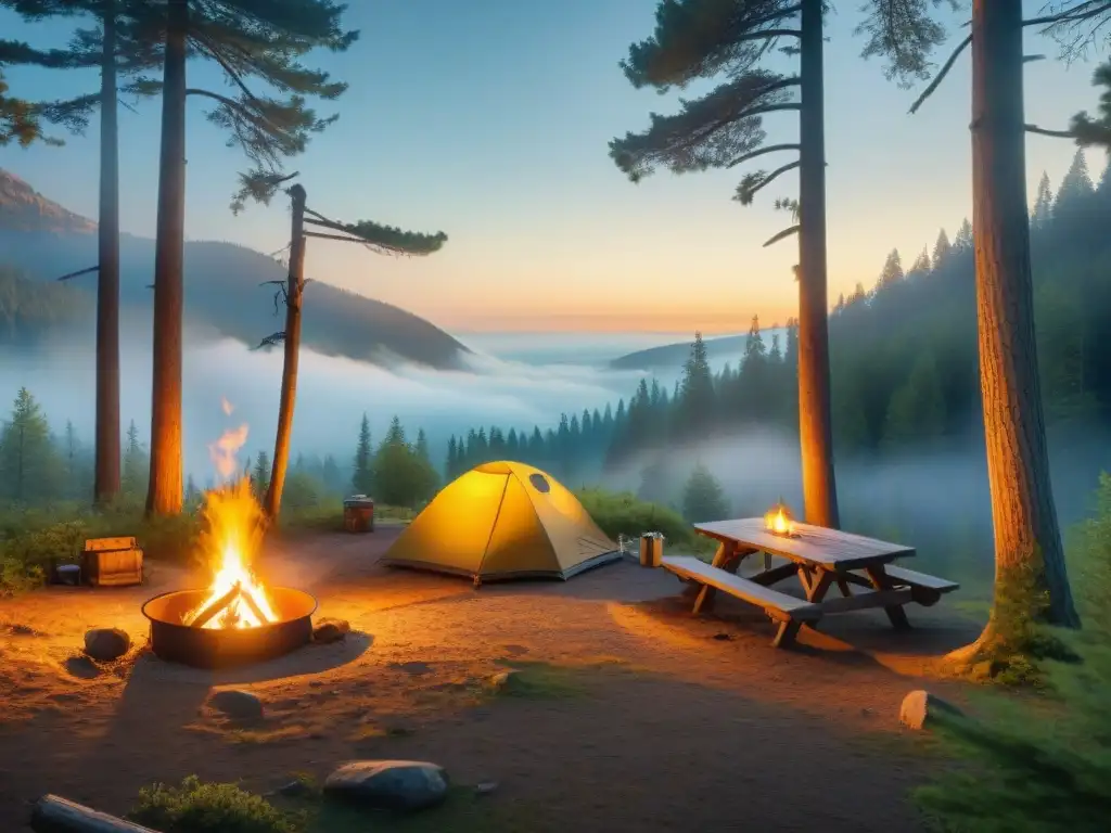 Campamento ejemplar: prevención de incendios en bosque Campamento limpio y seguro en el bosque, destacando la prevención de incendios y la limpieza responsable