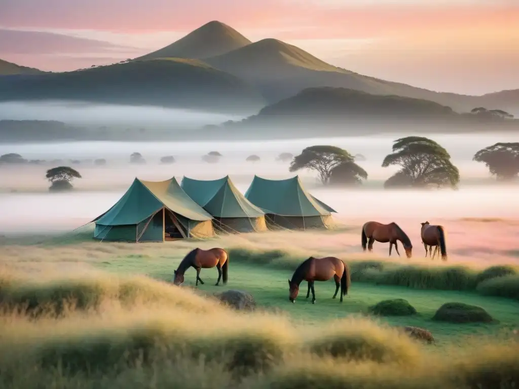 Serena belleza: atardecer en el campo uruguayo Campamento mágico con caballos salvajes en el amanecer de Uruguay