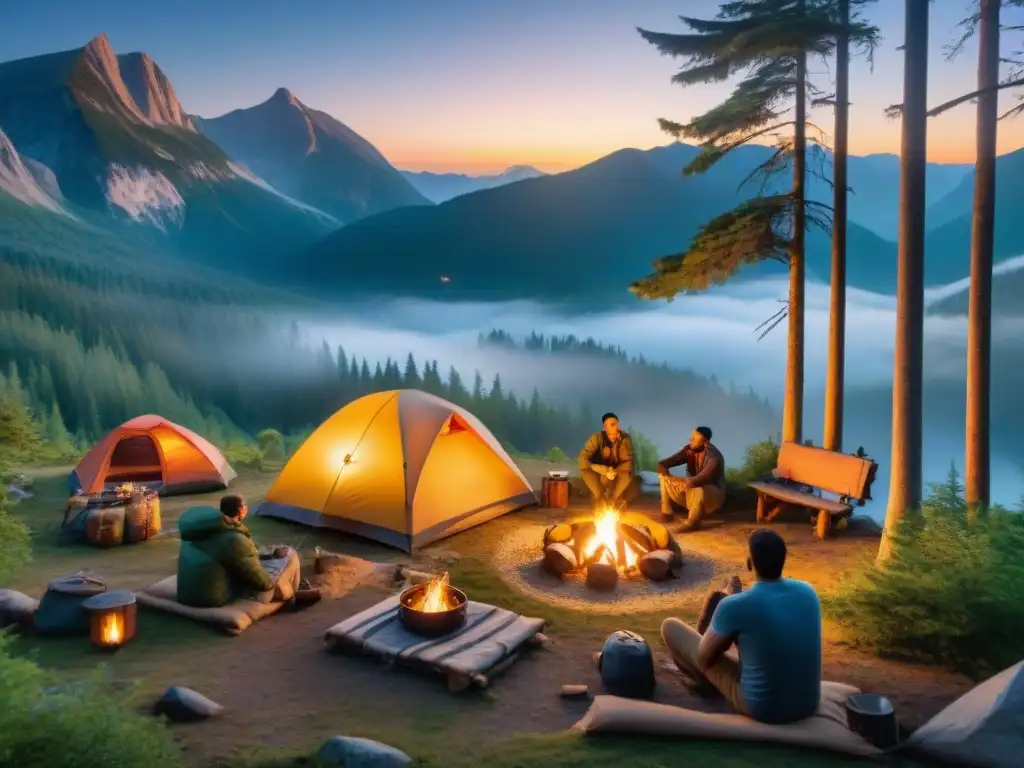 Campamento mágico: amigos bajo las estrellas en bosque encantado Un campamento mágico en el bosque: fogata, amigos, estrellas y naturaleza