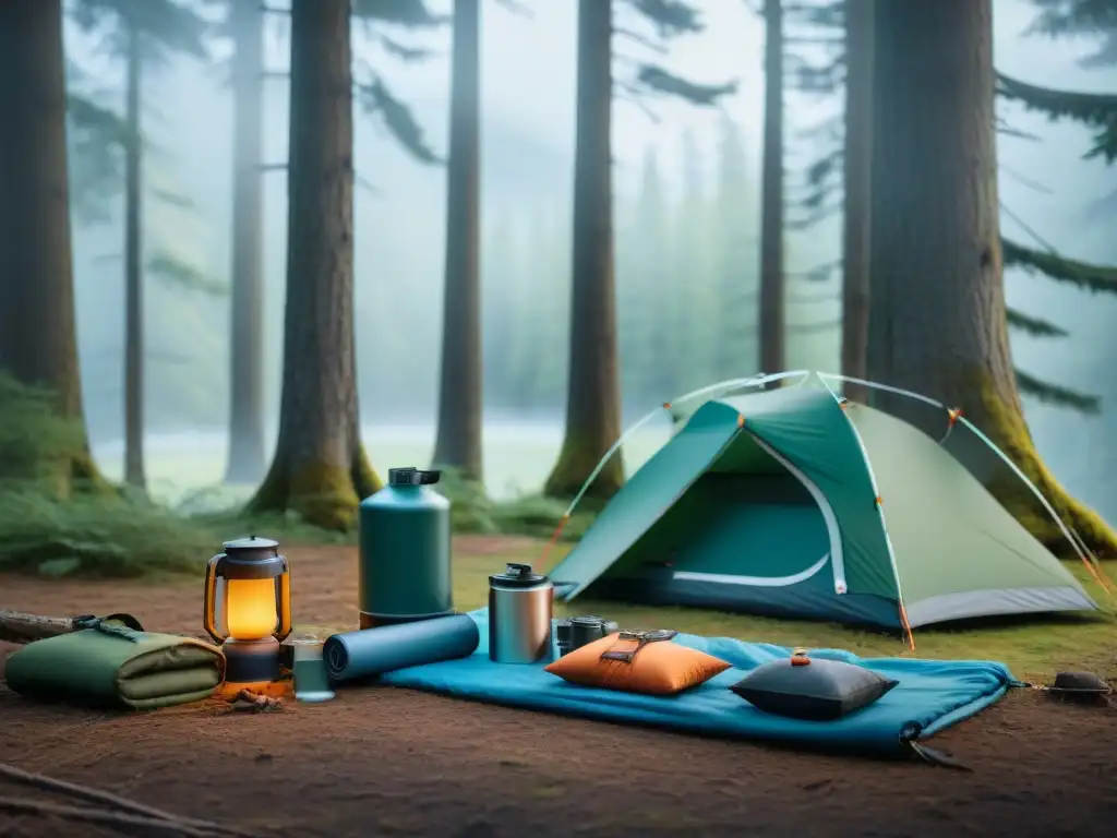 Equipo de camping responsable en bosque sereno Un campamento minimalista en el bosque, con herramientas para camping responsable técnicas