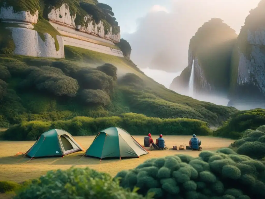 Campamento aventurero en sendero histórico de Uruguay Campamento moderno en ruta histórica uruguaya, rodeado de naturaleza y ruinas antiguas, creando una atmósfera acogedora y aventurera