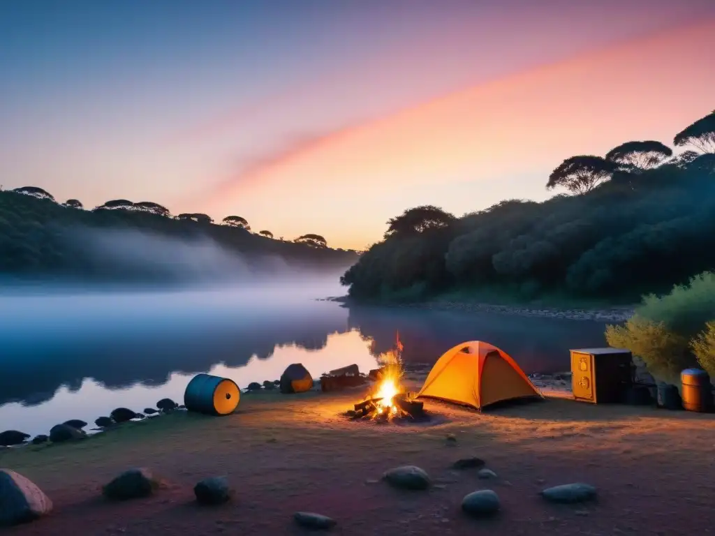 Campamento al atardecer en la naturaleza de Uruguay Campamento en la naturaleza de Uruguay al atardecer con fogata y equipo de camping