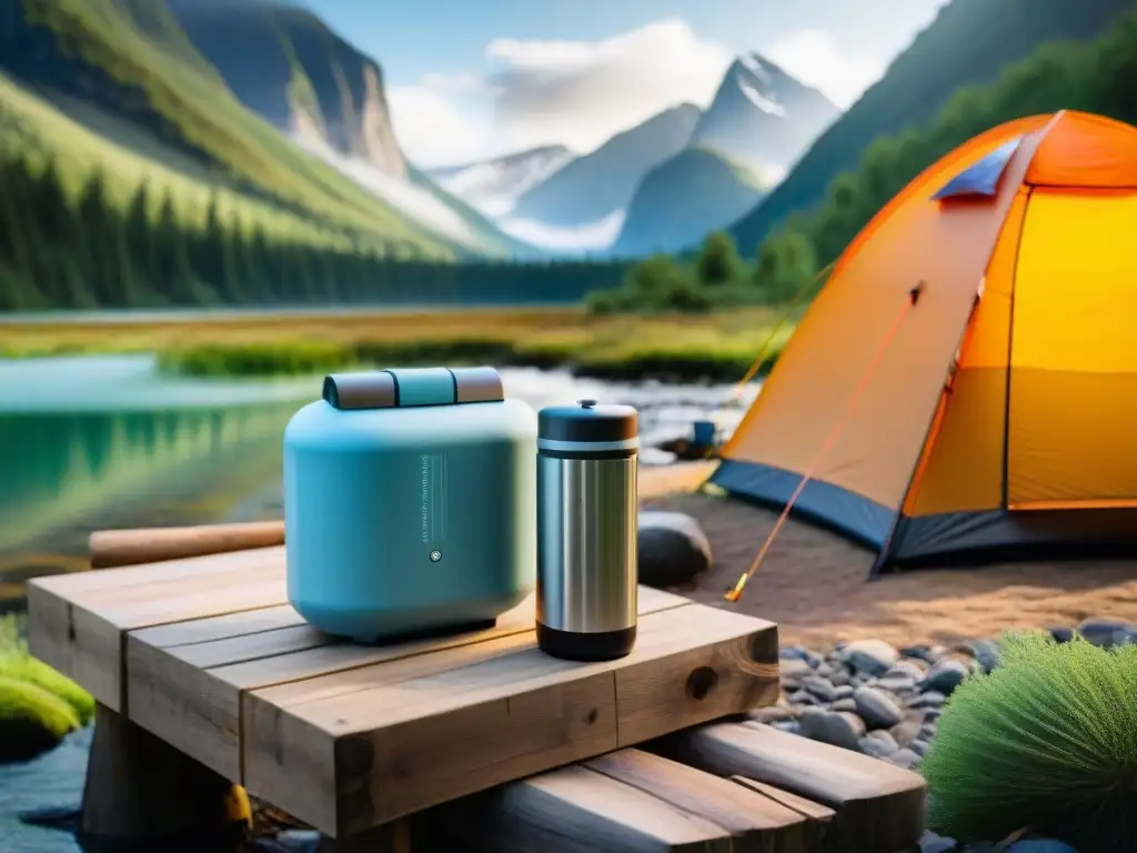Agua pura en la naturaleza: tecnología para acampar Campamento en la naturaleza con avanzado sistema de filtración de agua