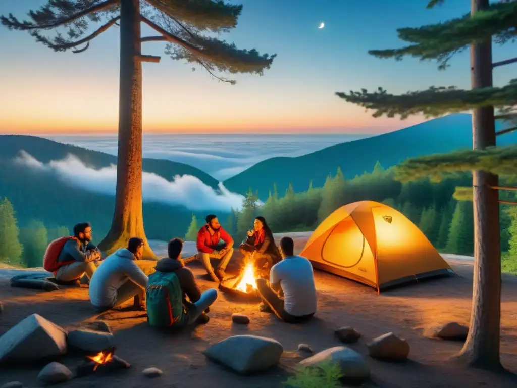 Campamento mágico al anochecer: diversión y seguridad en la naturaleza Un campamento nocturno en el bosque: diversidad, fogata y silbatos de emergencia para camping bajo un cielo estrellado