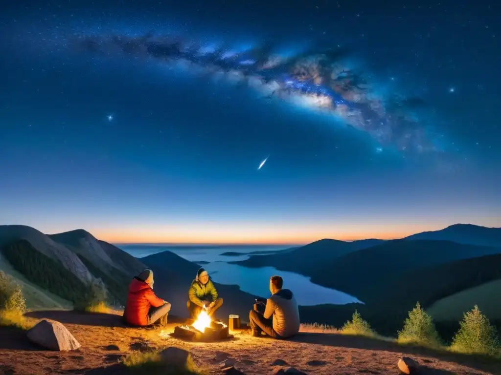 Campamento estelar: Observando las estrellas junto al fuego Campamento nocturno con fogata y telescopio portátil apuntando a estrellas brillantes