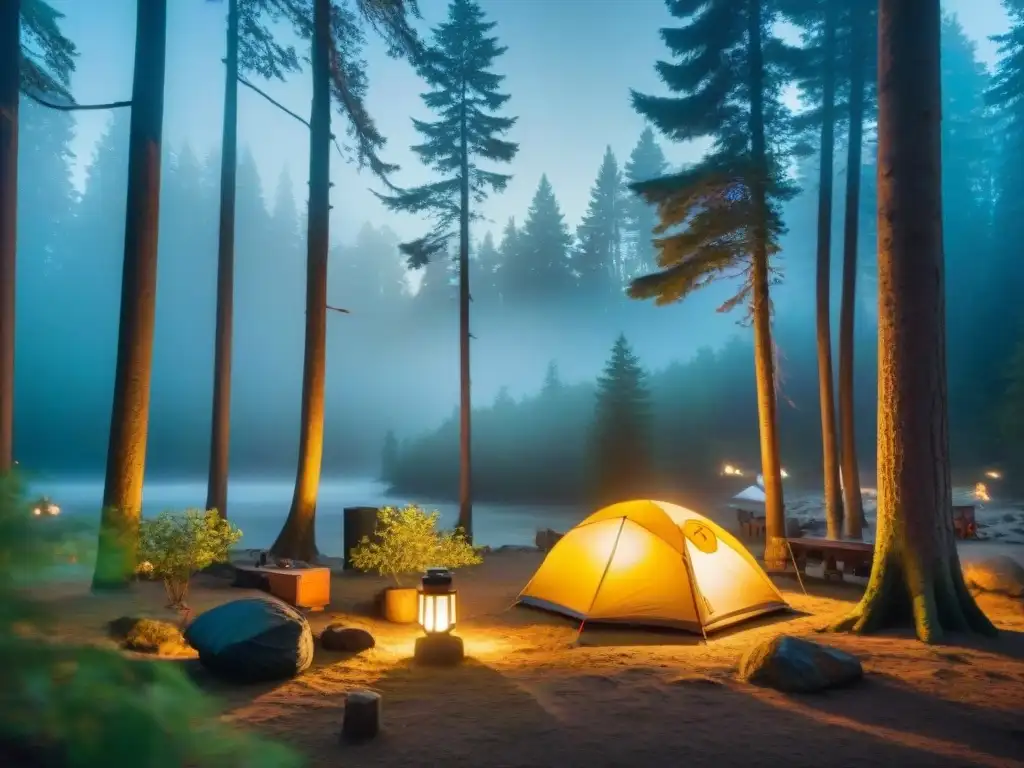 Campamento nocturno bajo la luz cálida de linternas LED ecológicas Campamento nocturno iluminado por linternas LED ecológicas, creando una atmósfera cálida y segura