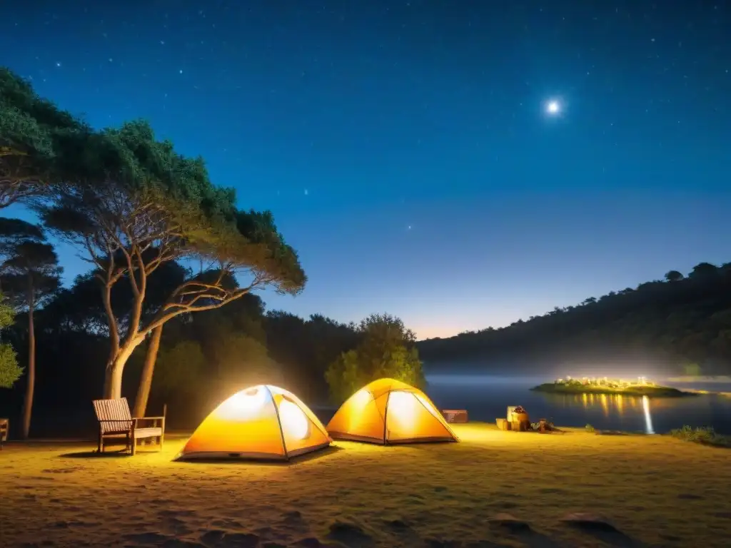 Noche mágica en campamento ecológico en Uruguay Un campamento nocturno en Uruguay con iluminación segura: linternas solares y antorchas LED crean un ambiente mágico bajo un cielo estrellado