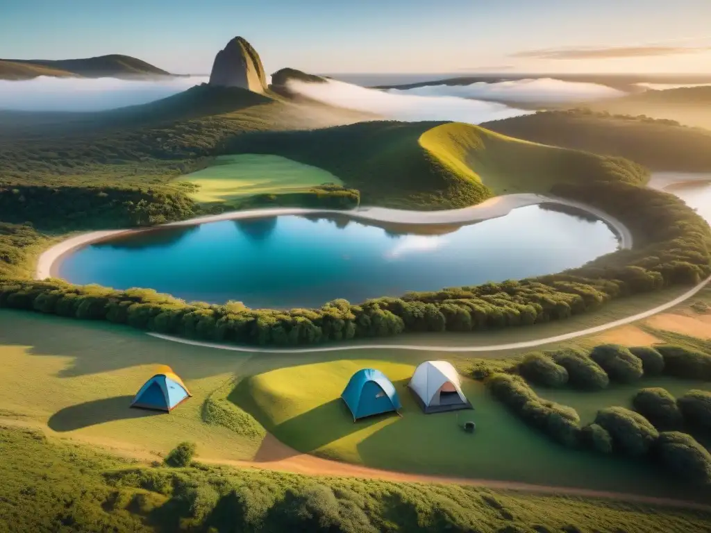 Campamento idílico al atardecer en Uruguay: fuego, naturaleza y comunidad Un campamento pintoresco en Uruguay durante el atardecer dorado, con la palabra clave 'Mejores paquetes camping Uruguay'