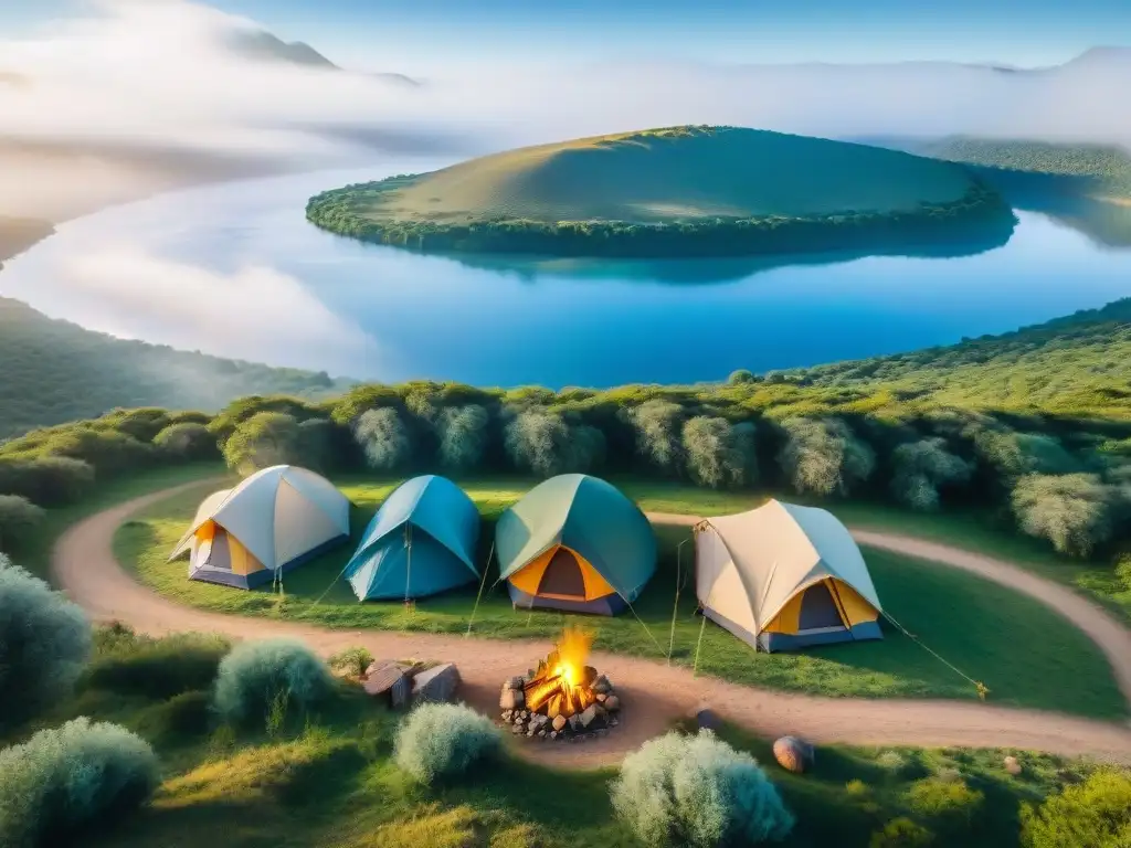Campamento pintoresco en Uruguay: naturaleza y aventura Campamento pintoresco en Uruguay con tiendas de campaña coloridas y equipamiento camping Uruguay imprescindible, rodeado de naturaleza serena