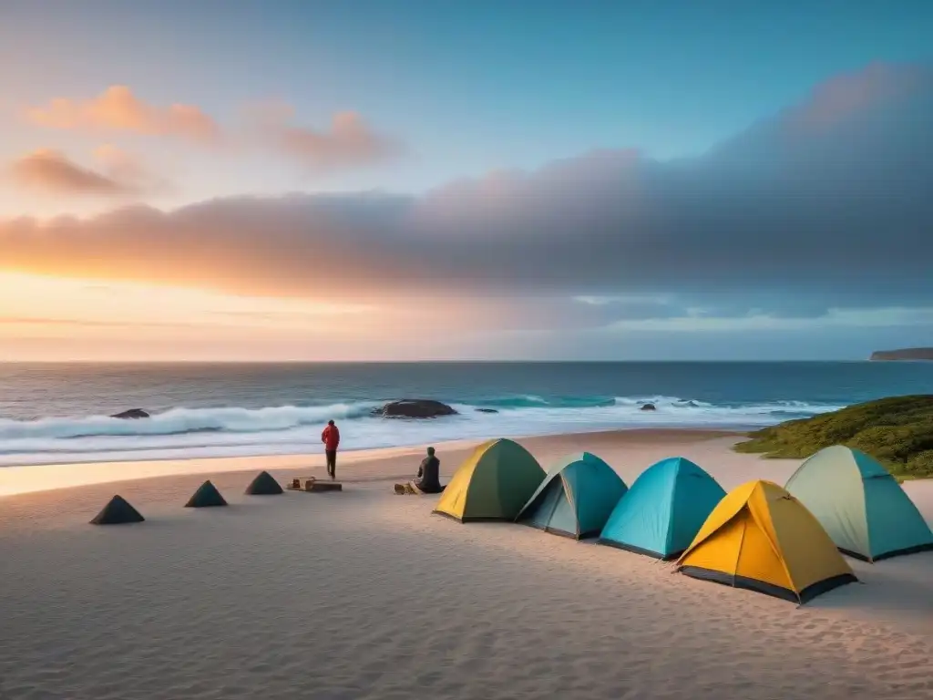 Playa de Uruguay al amanecer: yoga, meditación y conexión con la naturaleza Campamento en la playa al amanecer en Uruguay, con yoga y meditación frente al mar