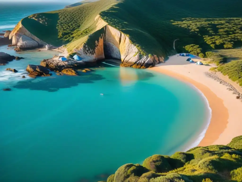 Explorando la costa de Rocha: campamento en la naturaleza Campamento en playas de Rocha al atardecer: tiendas, acantilados, mar turquesa y campistas rodeados de naturaleza