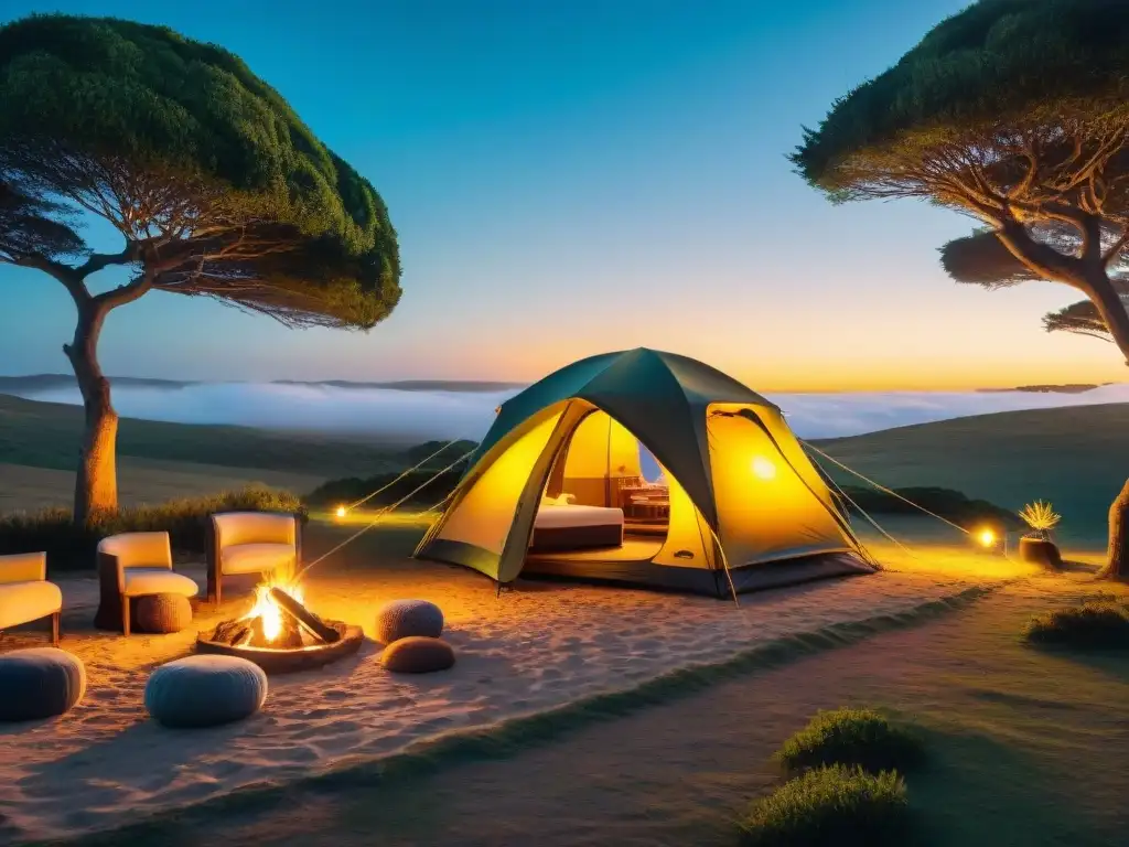 Un campamento privado de lujo en Uruguay con tiendas exclusivas, cómodas zonas de estar al aire libre y elegantes arreglos de iluminación