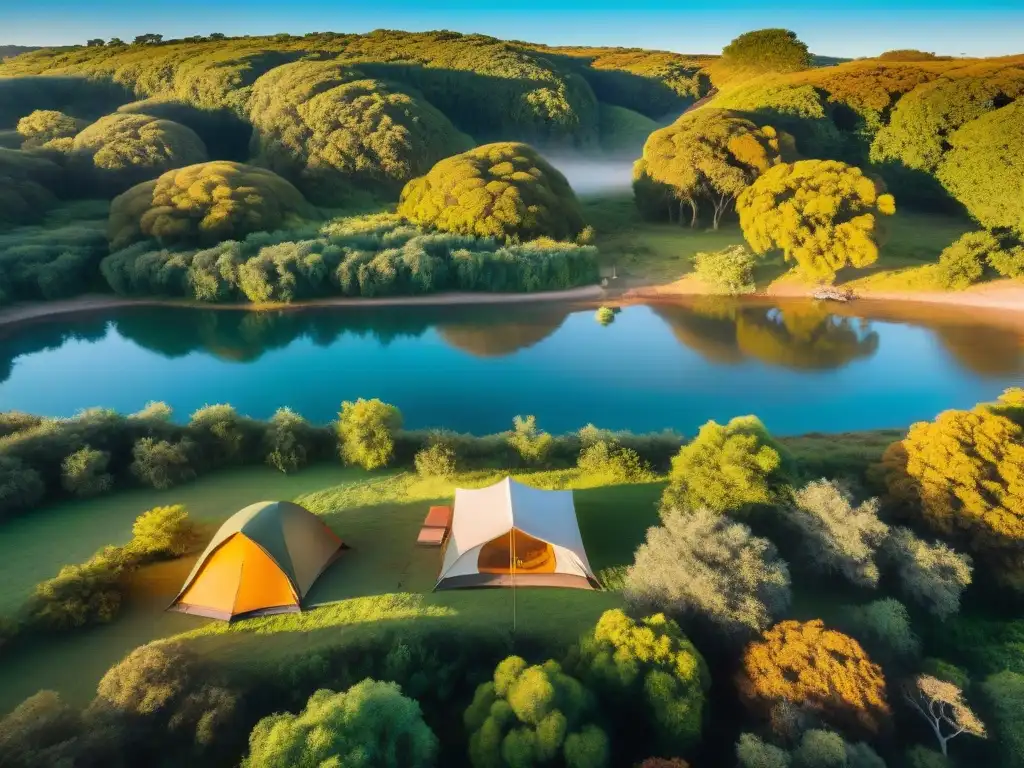 Campamento privado en Uruguay: paisaje sereno con fogata, río y cabaña rústica al atardecer
