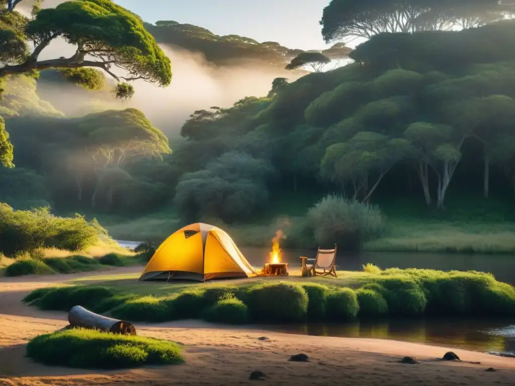 Campamento privado en Uruguay: oasis de tranquilidad junto al río Campamento privado en Uruguay con tienda entre la vegetación, río sereno al fondo y luz dorada filtrándose entre los árboles