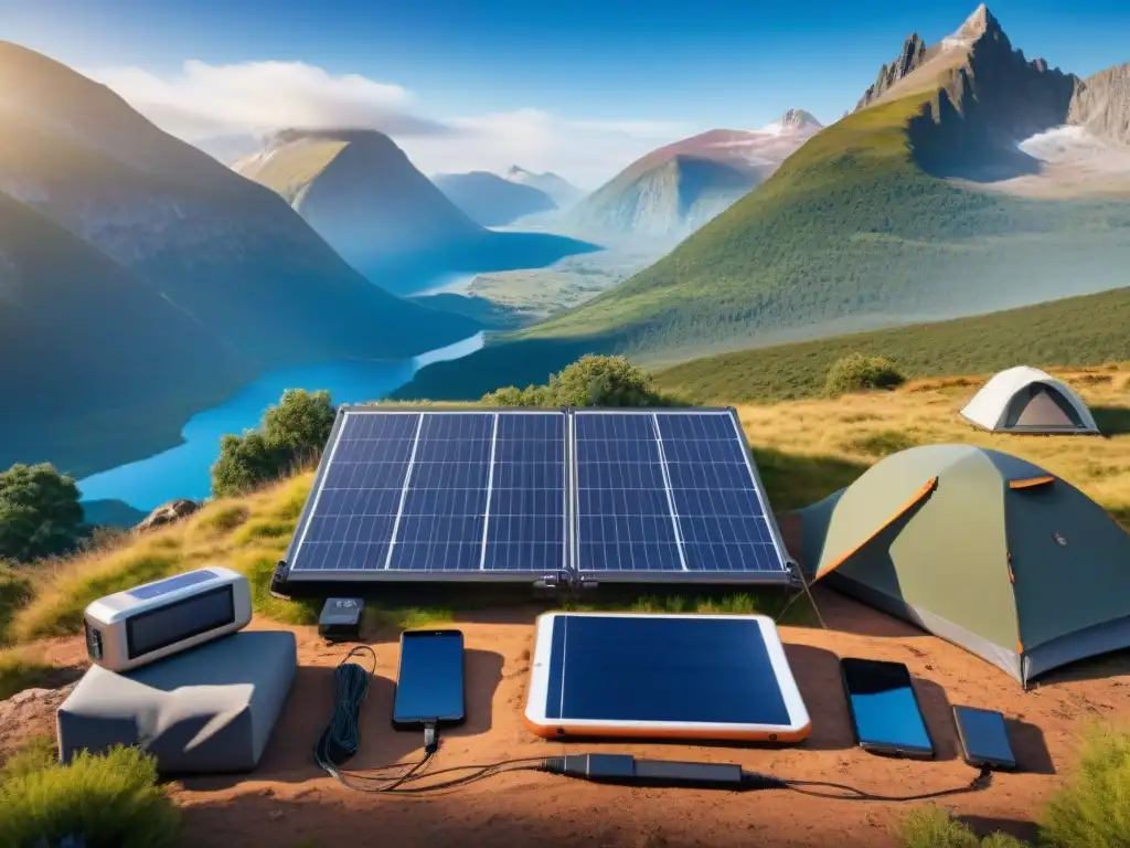 Camping offgrid: Carga solar en la naturaleza Un campamento remoto con energía solar recargando dispositivos en la naturaleza