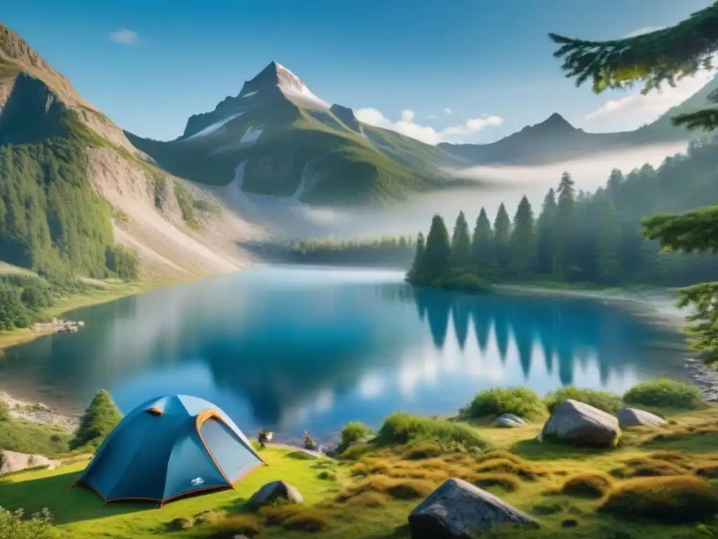 Campamento sostenible junto al lago: conservación del agua en la naturaleza Campamento responsable practicando métodos eficientes de conservación agua en un paisaje sereno de montaña