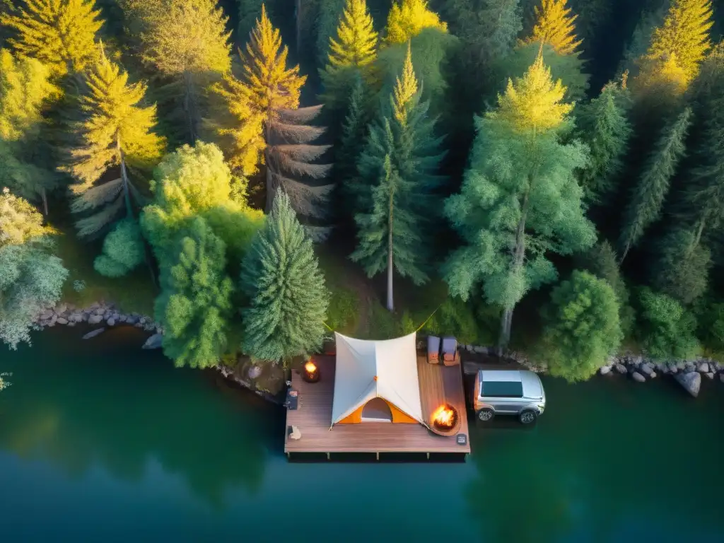 Campamento ecofriendly en el bosque: armonía con la naturaleza Campamento responsable en bosque verde con tienda en plataforma de madera, fogata y equipo eco, técnicas y herramientas de camping