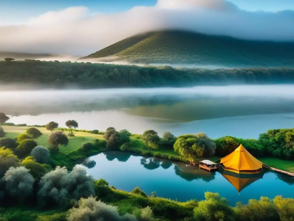 Camping junto al río en Uruguay: naturaleza serena Campamento en Uruguay cerca ríos: escena serena con tiendas de colores junto a un río tranquilo y frondoso