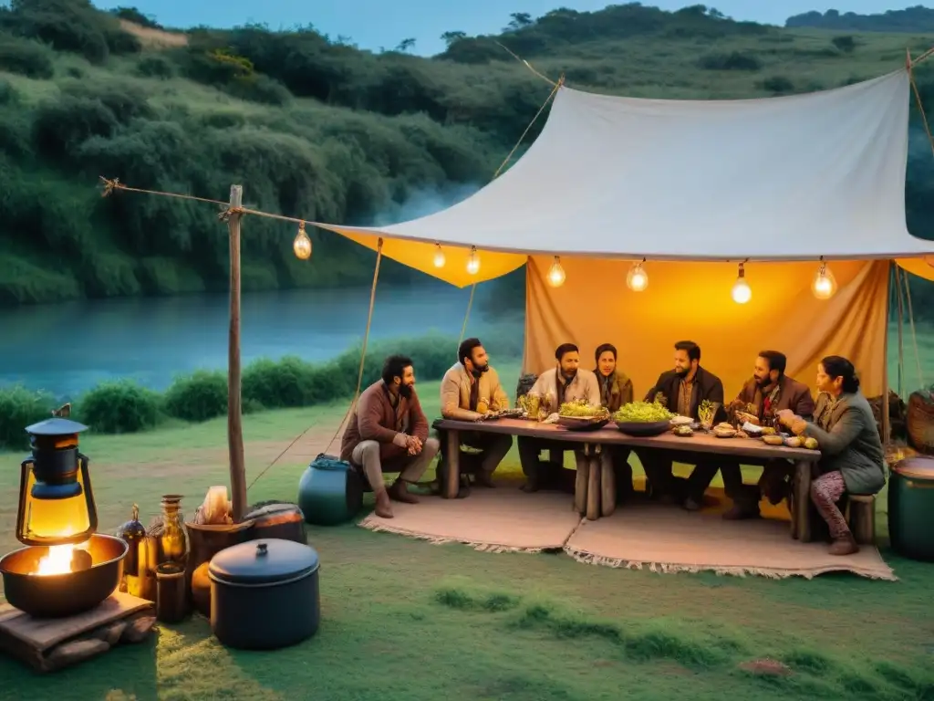 Cena campestre en Uruguay: comidas tradicionales al atardecer Un campamento rústico al atardecer en Uruguay con cocinas portátiles para camping