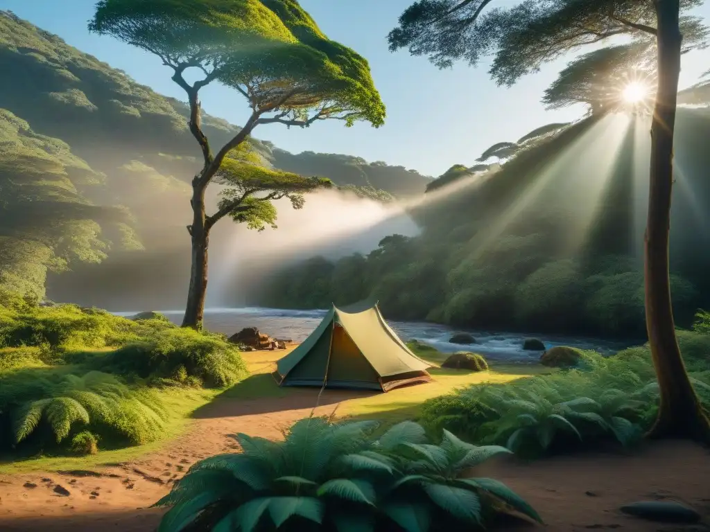 Campamento secreto en el bosque de Uruguay Un campamento secreto entre altos árboles en un bosque de Uruguay