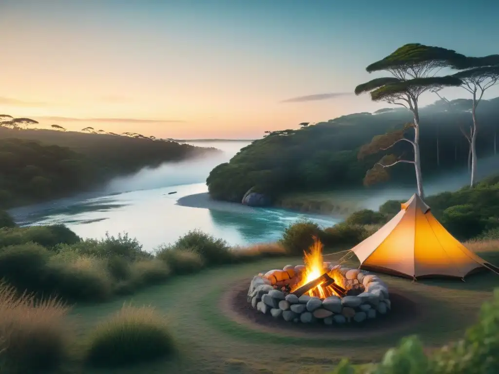 Campamento mágico en Uruguay: amigos, fogata y naturaleza exuberante Un campamento secreto en Uruguay: amigos riendo alrededor de la fogata, junto al río al atardecer