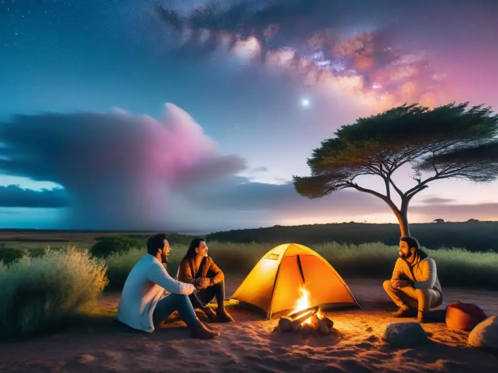 Campamento sereno al atardecer en Uruguay Un campamento seguro y acogedor al atardecer en Uruguay, rodeado de naturaleza exuberante y amigos disfrutando de la noche estrellada