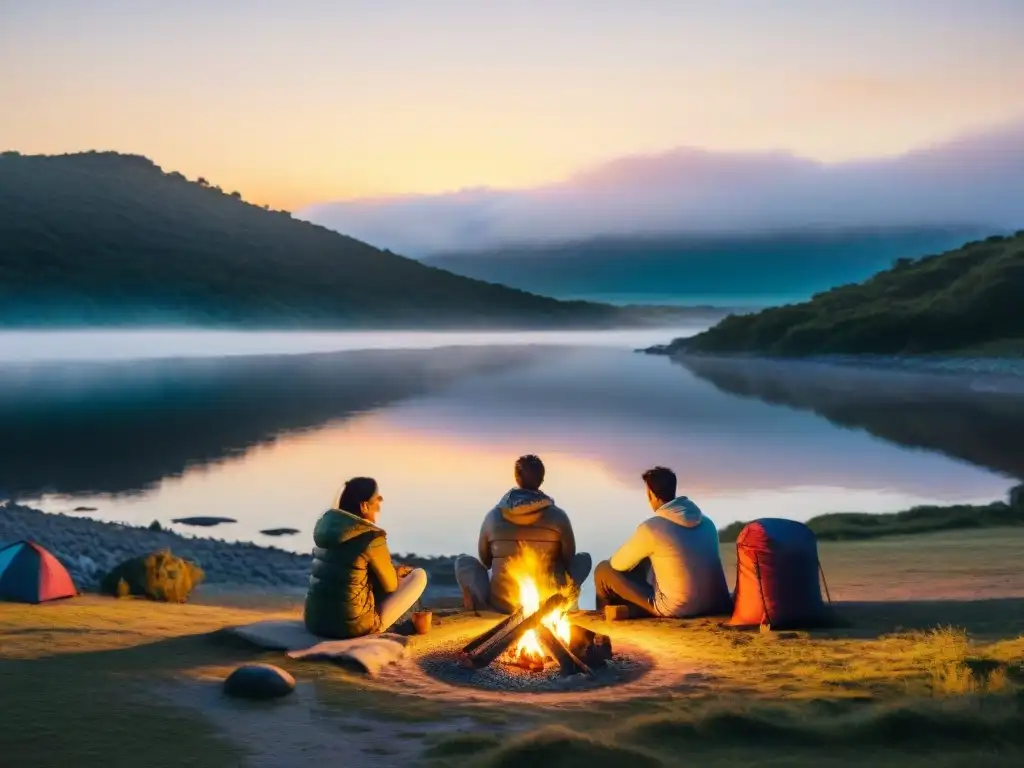 Campamento junto al lago al atardecer en Uruguay Un campamento seguro cerca del agua: amigos disfrutan de una tarde cálida junto a la fogata en la orilla de un lago al atardecer en Uruguay
