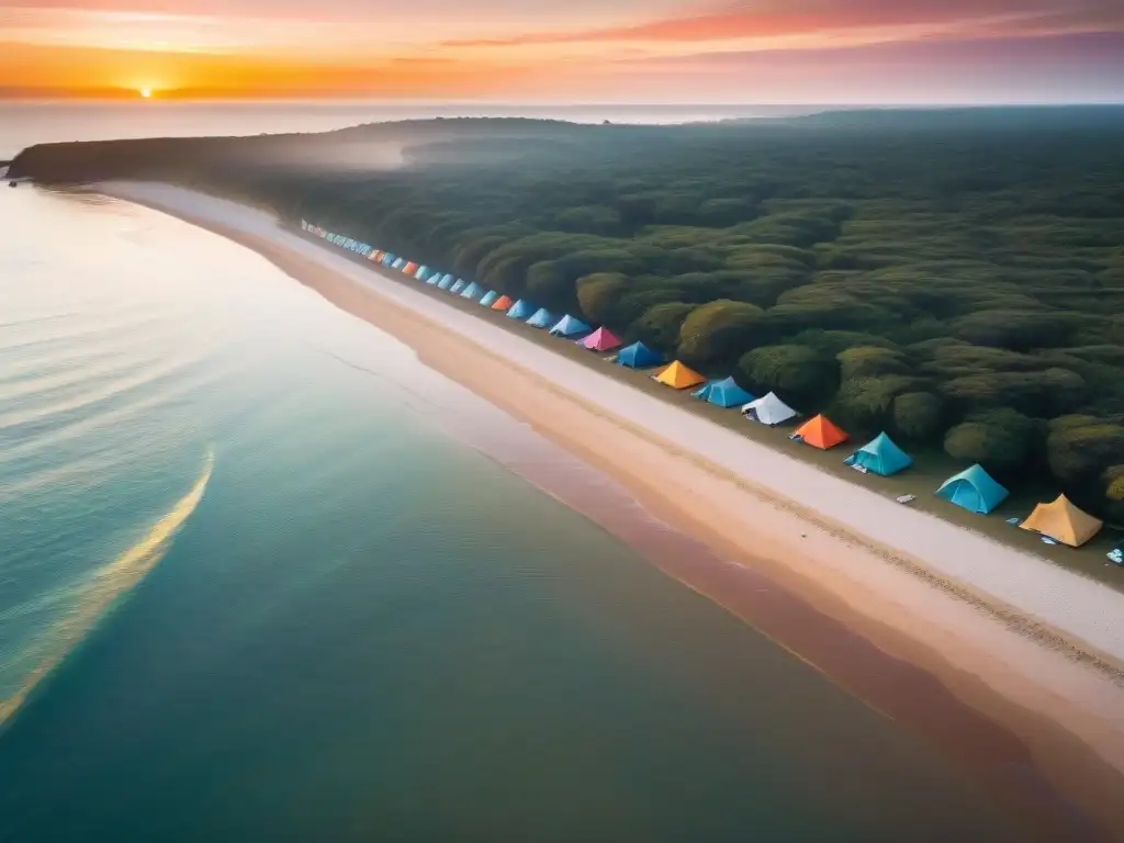 Campamento en playa al atardecer: paz y belleza en Uruguay Campamento seguro en playa de Uruguay al atardecer, con fogata y tiendas de colores