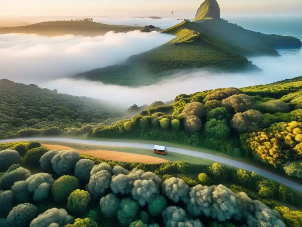 Campamento sereno en la naturaleza de Uruguay Campamento en Uruguay: senderos serenos entre la exuberante naturaleza, iluminados por el cálido atardecer, invitan a nuevas novelas