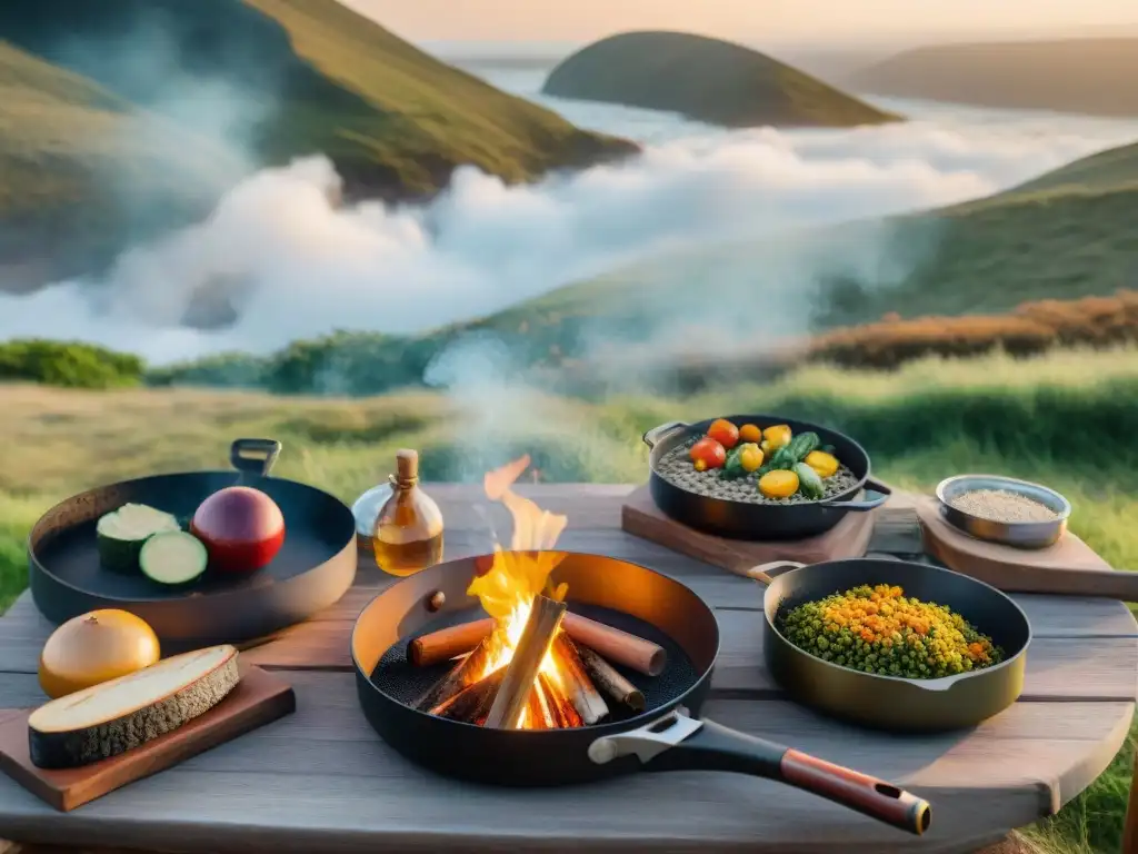 Cena al atardecer: fogata y amigos en Uruguay Un campamento sereno en Uruguay al atardecer
