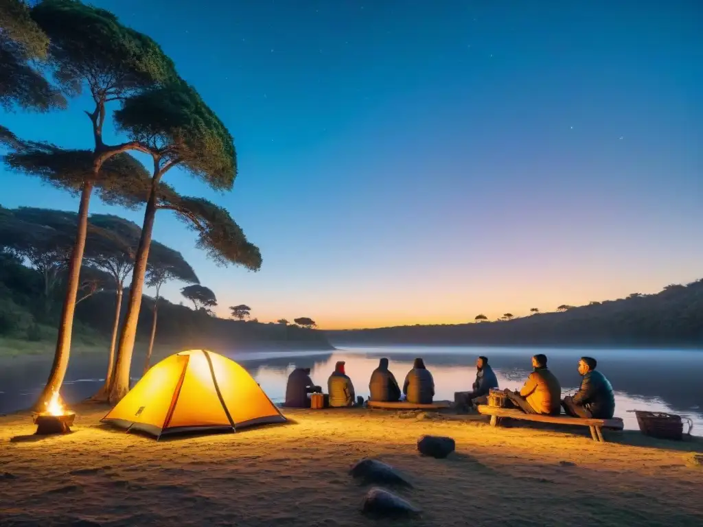 Campamento mágico en Uruguay: amigos, risas y fogata bajo las estrellas Un campamento sereno al atardecer en Uruguay con amigos riendo bajo un cielo estrellado