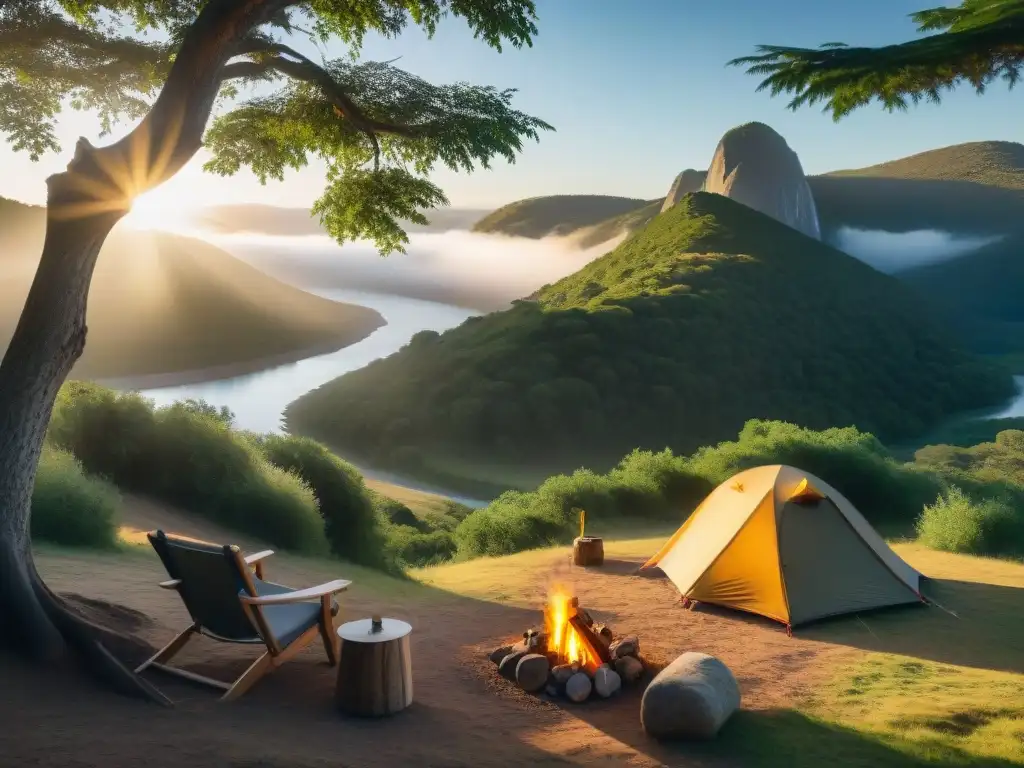 Campamento sereno al atardecer en Uruguay Un campamento sereno al atardecer en Uruguay: tienda bajo árbol, río tranquilo, fogata y campistas asando malvaviscos