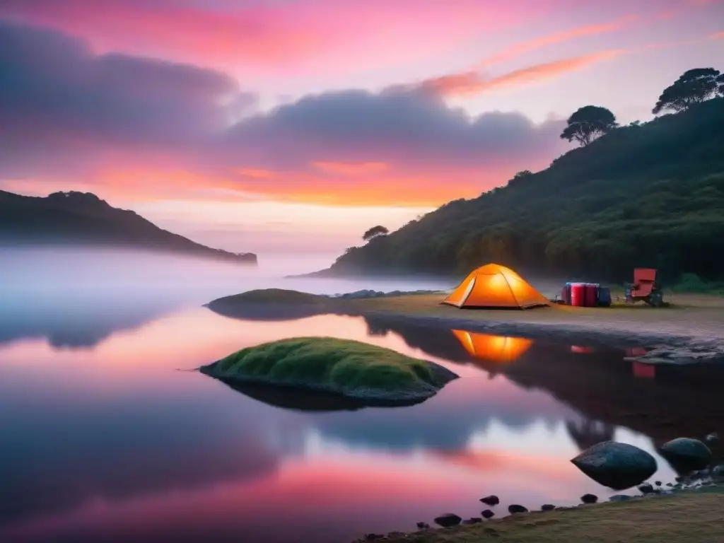 Campamento sereno al atardecer en Uruguay con purificación de agua Un campamento sereno en Uruguay al atardecer, con un cielo naranja y rosa reflejado en un lago tranquilo