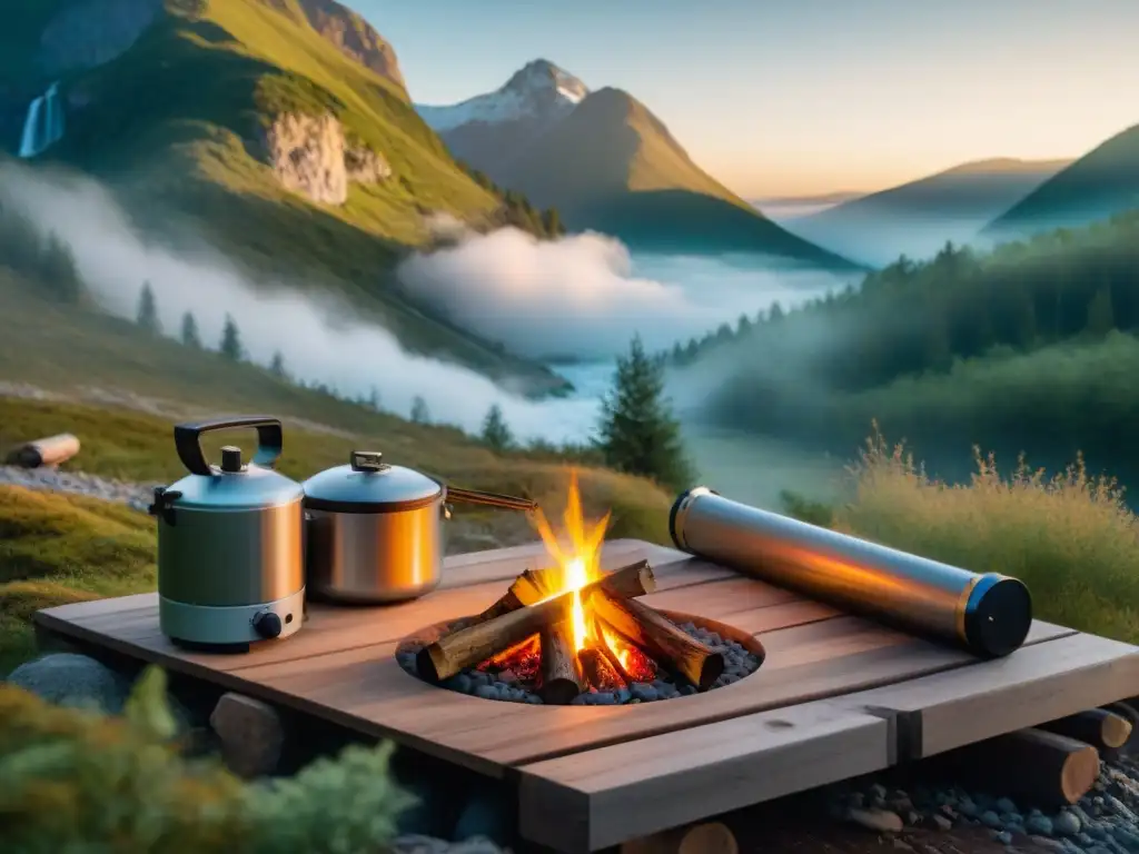 Campamento autónomo: cocina portátil y filtro de agua en la naturaleza Un campamento sereno al atardecer con cocina portátil y filtración de agua para acampar