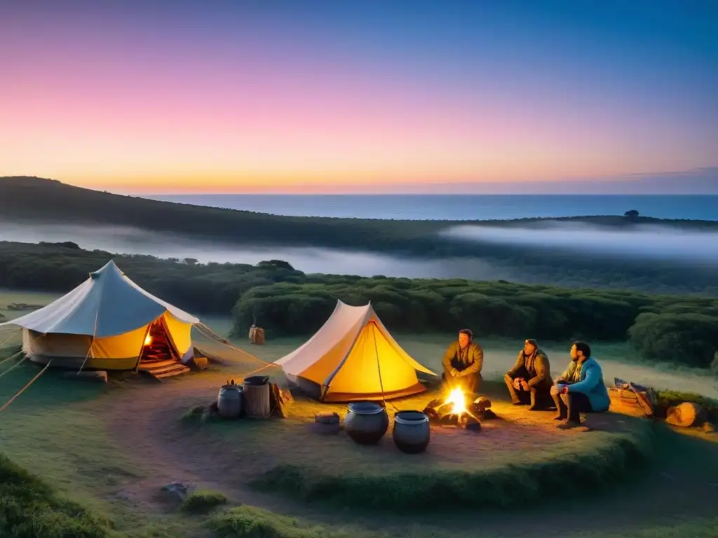 Campamento mágico al atardecer en Uruguay: fogata, mate y naturaleza Un campamento sereno al atardecer en Uruguay con fogata, mate y actividades de camping