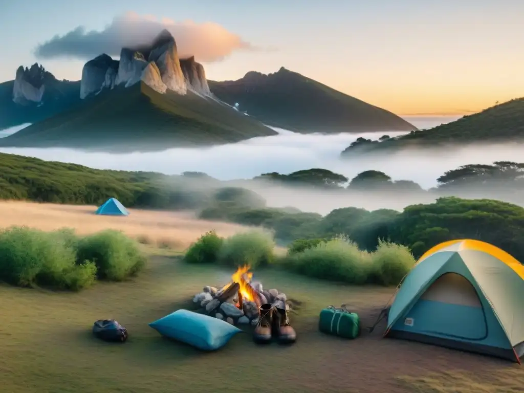 Campamento en Uruguay: Atardecer de comunidad y naturaleza Un campamento sereno en Uruguay al atardecer, con un grupo de campistas alrededor de la fogata