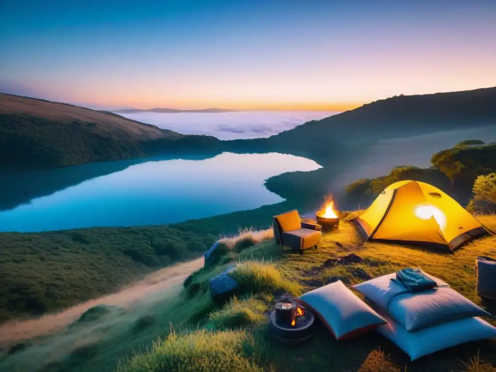 Campamento en la naturaleza salvaje de Uruguay al atardecer Un campamento sereno al atardecer en la naturaleza de Uruguay