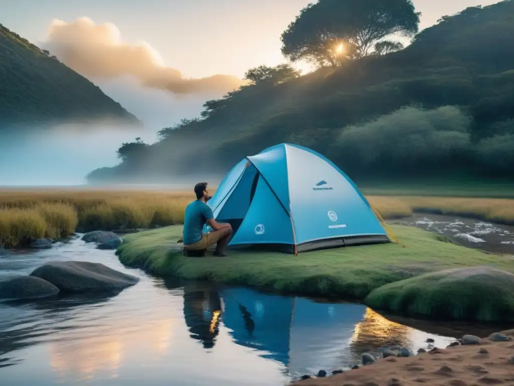 Purificación de agua en camping: tecnología y naturaleza en Uruguay Un campamento sereno en Uruguay al atardecer con un sistema de purificación de agua de alta tecnología