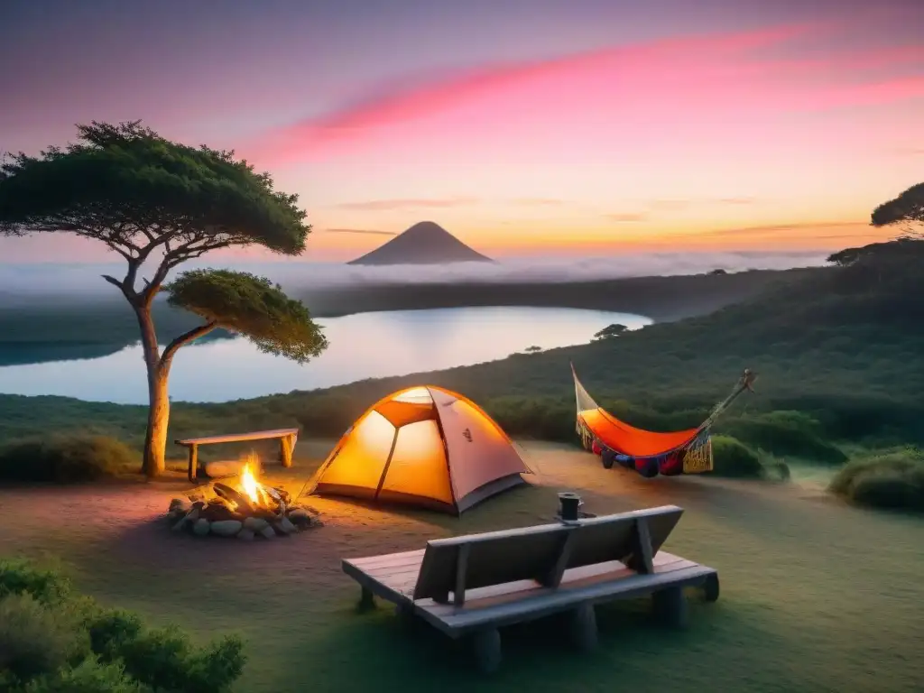 Camping sereno al atardecer en Uruguay Un campamento sereno al atardecer en Uruguay con una tienda acogedora entre vegetación, fogata y viajeros relajados