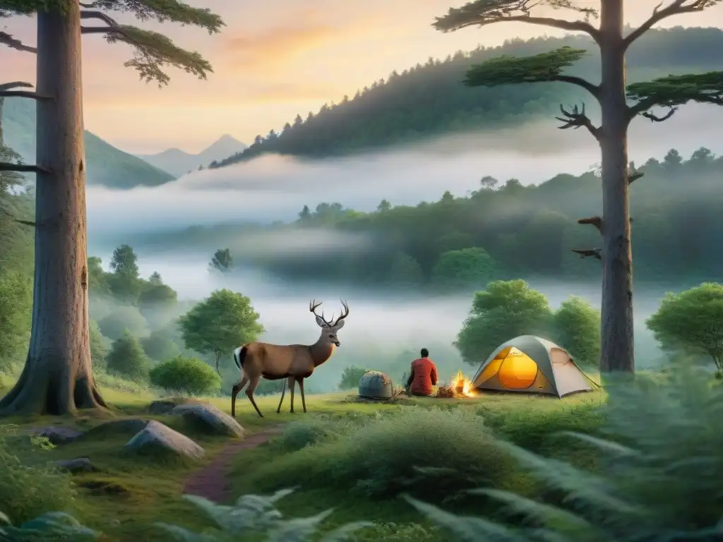 Campamento en armonía: familia de ciervos emerge en bosque Campamento sereno al anochecer en un bosque verde, con una tienda entre árboles y una familia de ciervos emergiendo