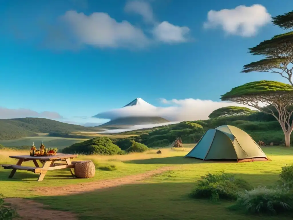 Experiencia campestre: campamento en Uruguay con historia y naturaleza Un campamento sereno en la campiña de Uruguay con mate, mapas y aventureros disfrutando de actividades al aire libre
