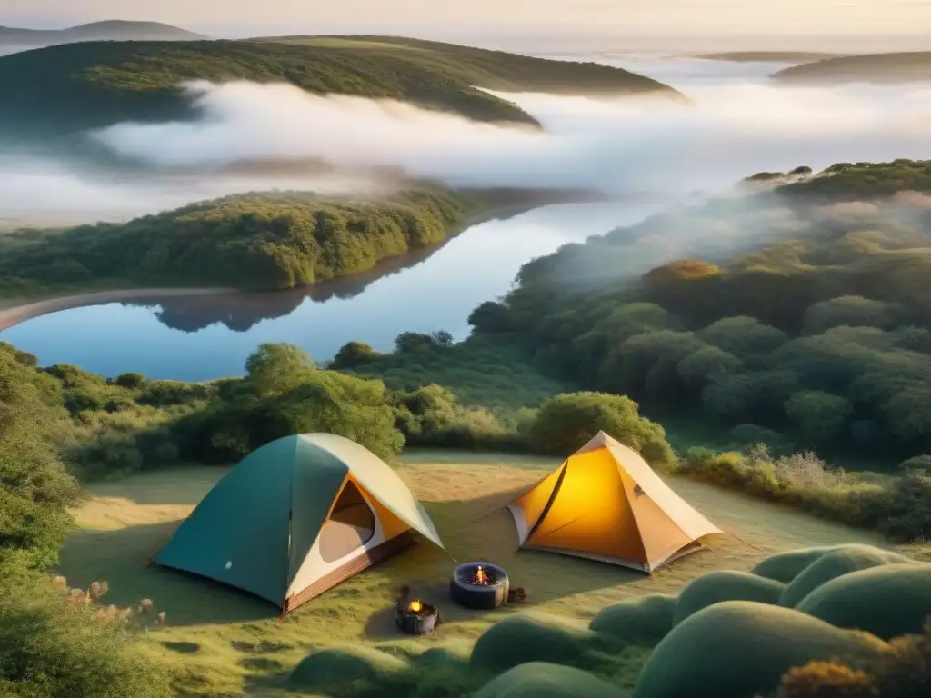 Camping responsable en Uruguay: armonía con la naturaleza Amanecer en un campamento sereno en Uruguay, con campistas responsables practicando camping responsable en Uruguay