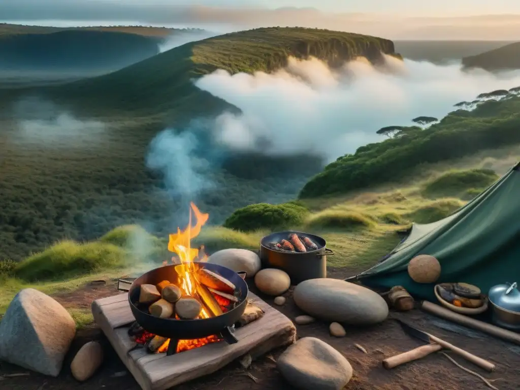 Campamento tranquilo: Cocina bushcraft en bosque de Uruguay Un campamento sereno en Uruguay, con cocina bushcraft y fusión culinaria en la naturaleza