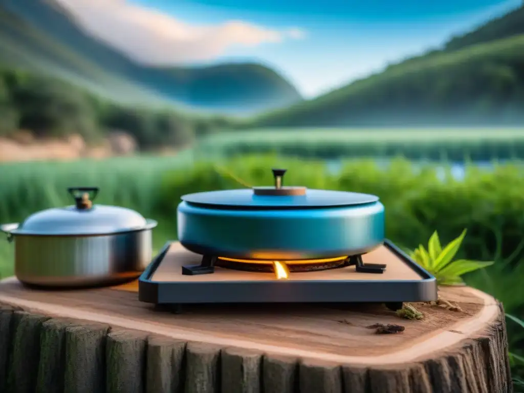 Camping eco-friendly en Uruguay: cocinando al aire libre Un campamento sereno en Uruguay con una cocina portátil en uso, rodeado de naturaleza y un río tranquilo