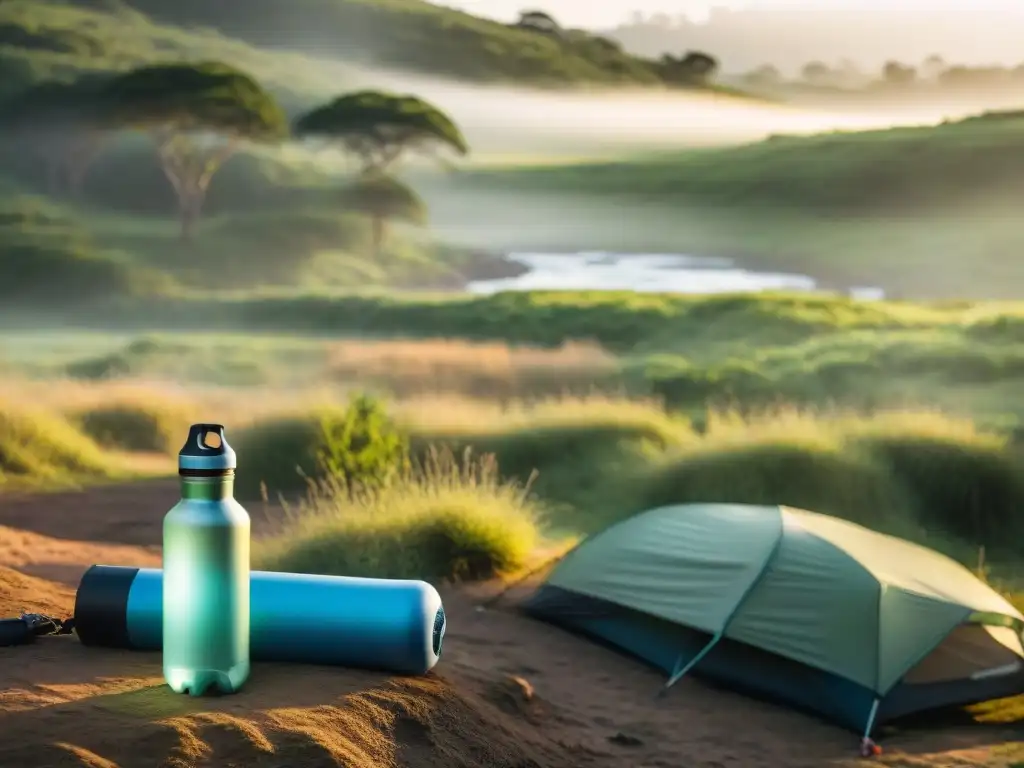 Campamento tranquilo junto al arroyo: filtro de agua portátil en uso Campamento sereno en la exuberante campiña de Uruguay con filtro de agua portátil en uso cerca de un arroyo cristalino