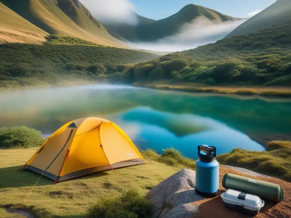 Campamento en Uruguay: Filtro de agua portátil para aventuras sustentables Un campamento sereno en la exuberante naturaleza de Uruguay con un filtro de agua portátil en primer plano y un campista llenando su botella