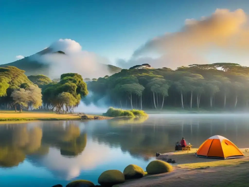 Campamento sereno junto a río y laguna en Uruguay Un campamento sereno junto a un río y laguna en Uruguay, con tiendas de colores y campfire